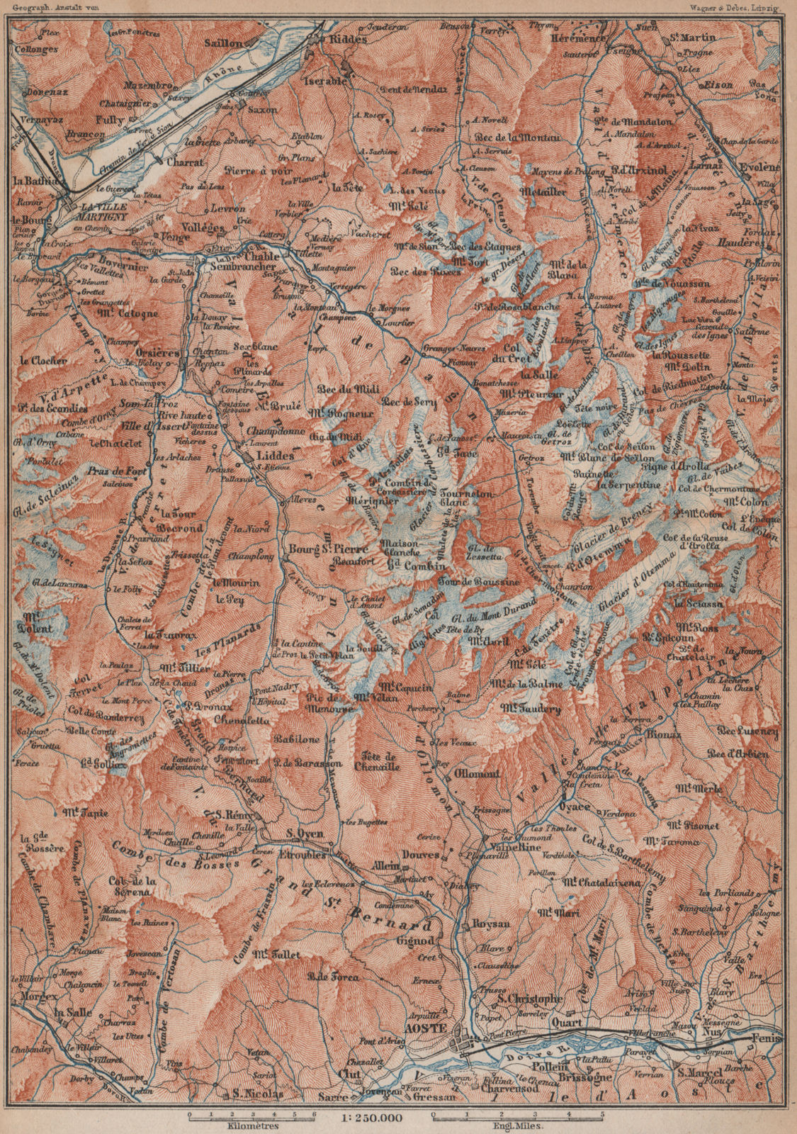 GRAND ST BERNARD AREA. Martigny-Aosta. Verbier Liddes Valais Topo-map 1893